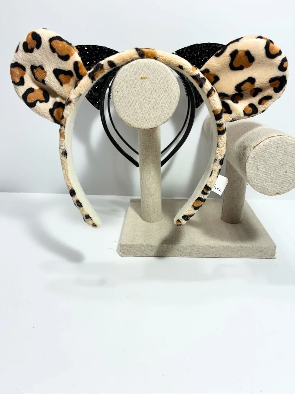 3 Pc Cat Ear Headband Lot: Black Rhinestone, Leopard Print Fleece, Black Plastic